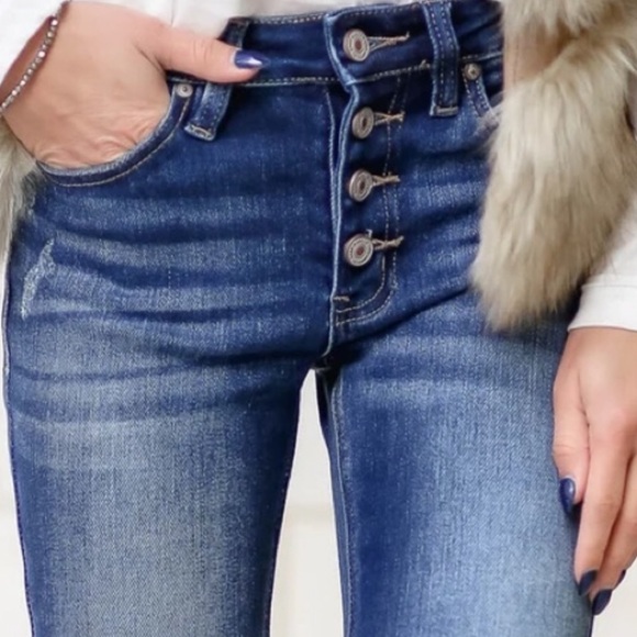 NWOT Kan Can Dark Wash Distressed Button Fly Flare Bell Bottom Denim Jean Petite - Picture 6 of 13